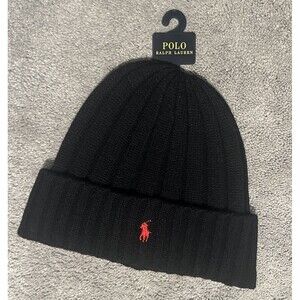 Polo Ralph Lauren Ribbed Cuff Beanie One Size Black Wool Blend Pony Logo Preppy